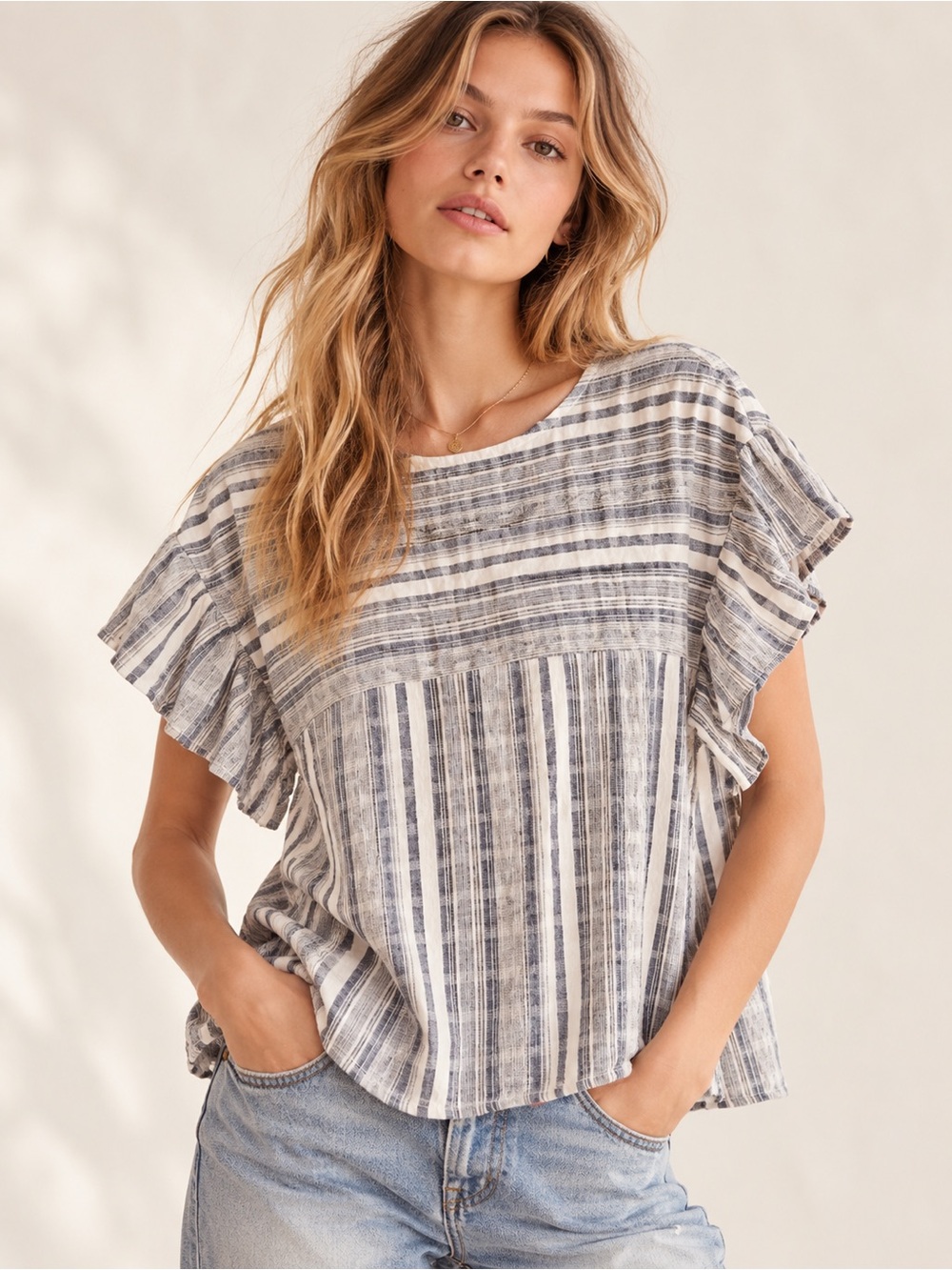Doe & Rae Blue White Striped Ruffle Sleeve Bow Back Blouse Top M